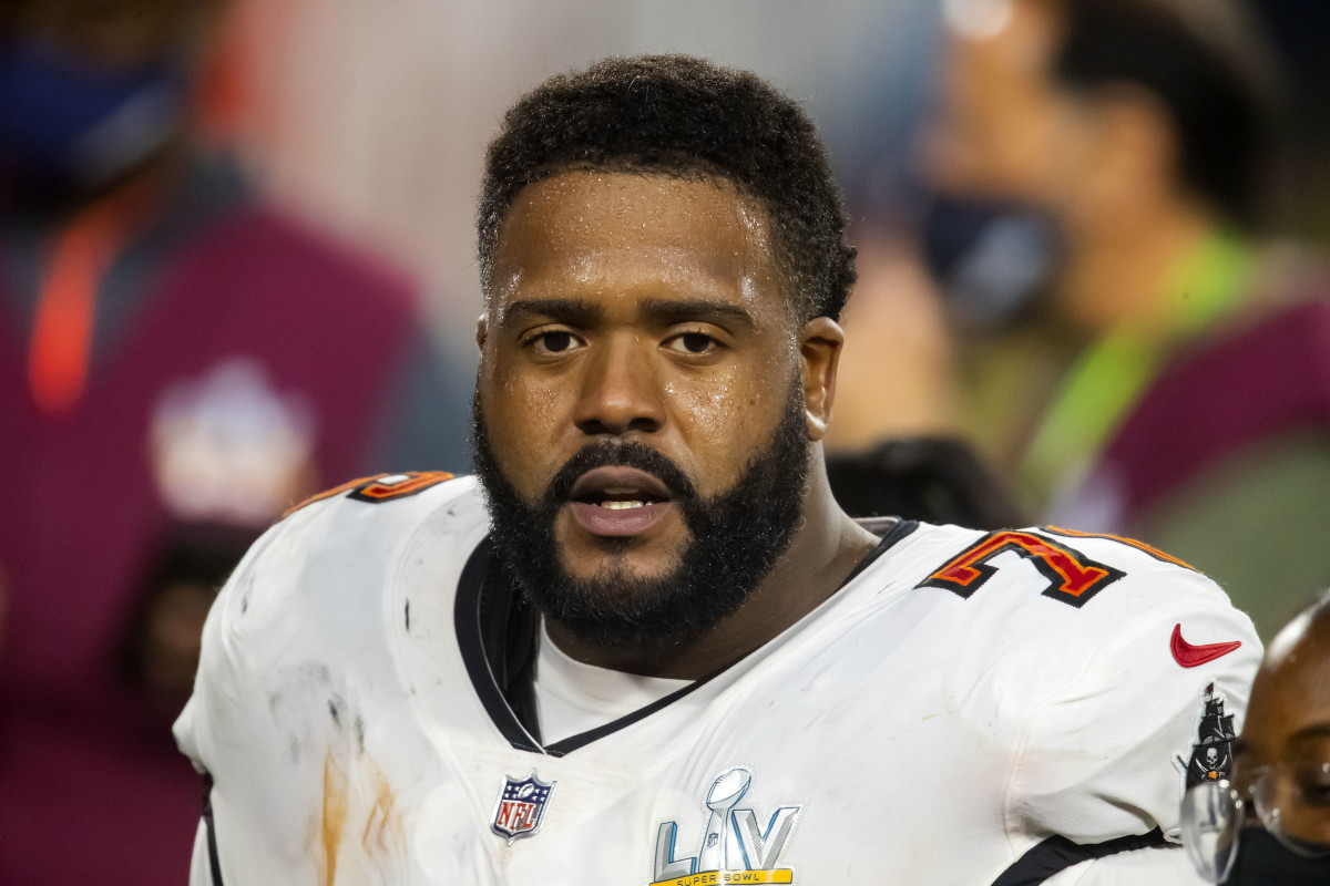 Feb 4, 2021; Tampa, FL, USA; Tampa Bay Buccaneers offensive tackle Donovan Smith (76) against the Kansas City Chiefs in Super Bowl LV at Raymond James Stadium. Mandatory Credit: Mark J. Rebilas-USA TODAY Sports